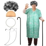 Jiuguva 7 Pcs Old Lady Costume For Kids Women Fat Suits Short Sleeve Robe Old Lady Wig Foldable Crutch Glasses Chain Wig Cap (Classic Style, 2X-Large)