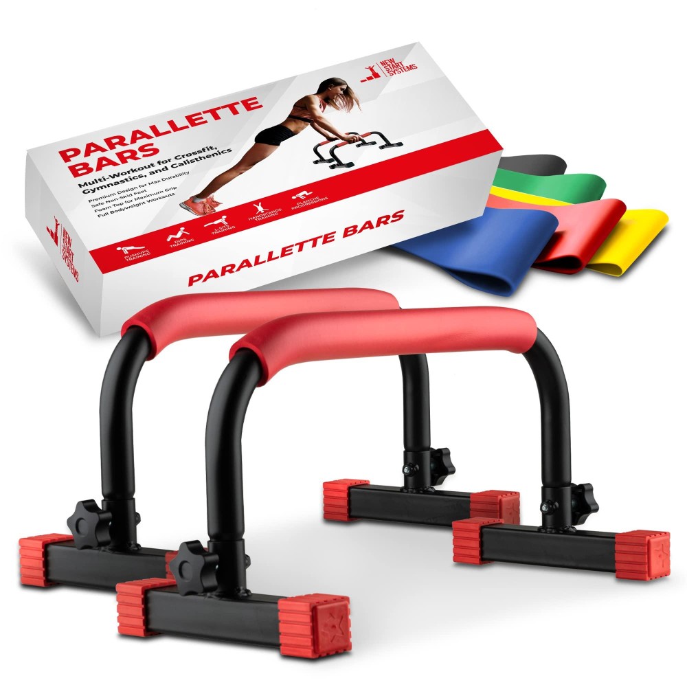 New Start Systems - Parallettes Bars For Push Up And Dip - Heavy Duty No Wobbling Calisthenics Equipment 16X8X9 In] - Anti Slip Push Bars With Foam Handles - Includes Set Of Resistant Bands