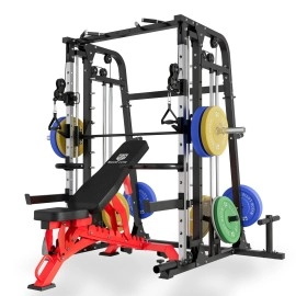 Major Lutie Smith Machine With Weight Bench And 230Lbs Weight Plates, Sml09 1800Lbs Power Cage With Two Lat Pull-Down Systems Commercial Home Gym Multifunctional Rack