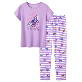 Trendy 2-Piece Butterfly Pajama Tee & Pants Set For Girls - Kids Stripes Summerfallspring Clothing Size 10