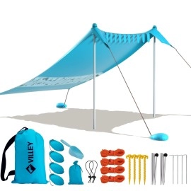 Villey Beach Tent Sun Shelter With Upf50+ Protection, 8A7Ft Portable Sun Shade With 2 Stability Poles, 8 Ground Pegs, 4 Sandbags And Sand Shovel, Outdoor Beach Canopy For Camping Trips, Picnics
