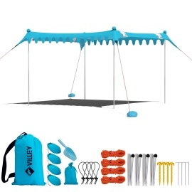 Villey Beach Tent Sun Shelter With Upf50+ Protection, 11A10Ft Portable Sun Shade With 4 Stability Poles, 8 Ground Pegs, 4 Sandbags And Sand Shovel, Outdoor Beach Canopy For Camping Trips, Picnics