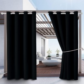 Waterproof Outdoor Curtain W52 X L84 - Grommet Top Sunlight Blocking Window Treatment Drapes Blackout Curtains For Home Bedroom Living Room Outdoor Patio Porch Pergola Cabana Gazebo (Black, 2 Panels)