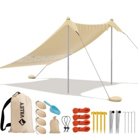 Villey Beach Tent Sun Shelter With Upf50+ Protection, 8A7Ft Portable Sun Shade With 2 Stability Poles, 8 Ground Pegs, 4 Sandbags And Sand Shovel, Outdoor Beach Canopy For Camping Trips, Picnics