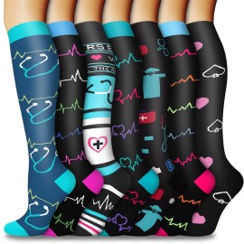 CTHH 7 Pairs Compression Socks for Women & Men Circulation 20-30mmHg - Best Support for Running Athletics Nursing Travel (22 Nurse/Black/White/Blue/Pink, Large-X-Large)