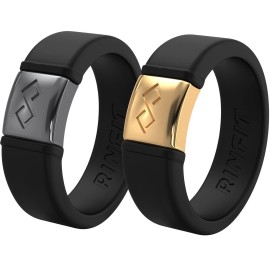 Rinfit Silicone Rings For Men - Menswomens Silicone Wedding Bands - Infinity Ring With Metal Plate - Rubber Rings Menwomen - Metalnfinity Collection - Blackgold Blackgunmetal Gray - Size 9