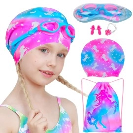 Kids Swim Caps For Girls, Silicone Swimming Cap For Kids Children, Waterproof Swimming And Bathing Caps For Girls With Ear Plugs & Nose Clip & Swimming Goggles And Swim Bag (Purple Unicorn)