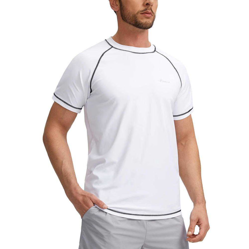 Pudolla Mens Swim Shirts Rash Guard Shirts For Men Upf 50+ Sun Protection T-Shirts Quick Dry Beach Surf Water Shirt White Xxl