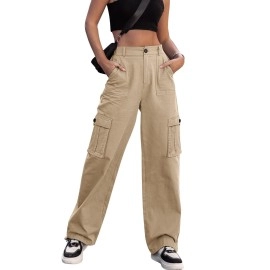 Zmpsiisa Women High Waisted Cargo Pants Wide Leg Casual Pants 6 Pockets Combat Military Trousers(Khaki,Medium)