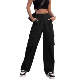 Zmpsiisa Women High Waisted Cargo Pants Wide Leg Casual Pants 6 Pockets Combat Military Trousers(Black,X-Large)