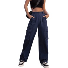 Zmpsiisa Women High Waisted Cargo Pants Wide Leg Casual Pants 6 Pockets Combat Military Trousers(Navy,X-Large)