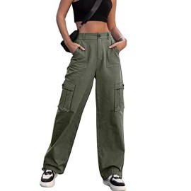 Zmpsiisa Women High Waisted Cargo Pants Wide Leg Casual Pants 6 Pockets Combat Military Trousers(Green,Large)