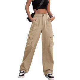 Zmpsiisa Women High Waisted Cargo Pants Wide Leg Casual Pants 6 Pockets Combat Military Trousers(Khaki,Small)