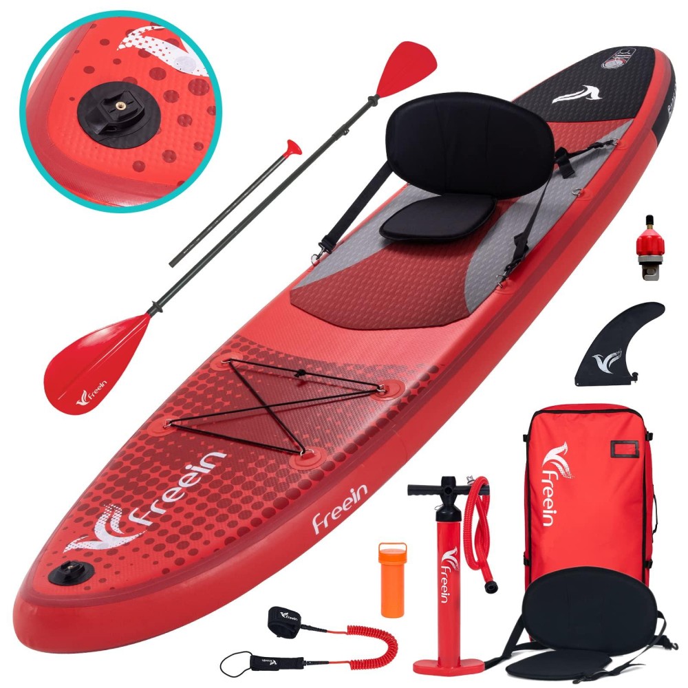 Freein Inflatable Stand Up Paddle Board Kayak Sup 106Ax31 X6, 2 Blades Paddle, Dual Action Pump, Triple Fins, Leash, Backpack (Red)