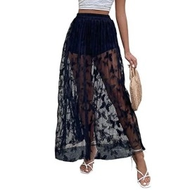 Floerns Womens 2 In 1 Sheer Mesh High Waist Galaxy Print A Line Maxi Skirt Z Black L