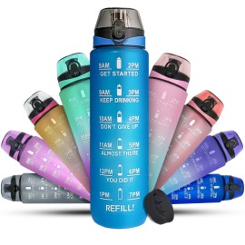 K-Mart Water Bottle 1L Sports Water Bottle With Motivational Time Marker, Dishwasher Safe Leak-Proof Drink Bottle Bpa Free Non-Toxic For Running,Cycling, Gym, School & Office (Pink Blue)