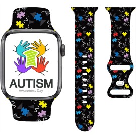 Autism Awareness Puzzle Piece Cartoon Bands Compatible With Apple Watch Band 38Mm 40Mm 41Mm,Silicone Strap Wristbands Compatible With Iwatch Bands Series Se 7 6 5 4 3 2 1 For Kids Boys Girls Men Women