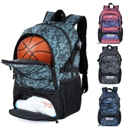 Wolt Basketball Equipment Backpack, Large Sports Bag With Separate Ball Holder & Shoes Compartment, Best For Basketball, Soccer, Volleyball, Swim, Gym, Travel (Camouflage Grey)