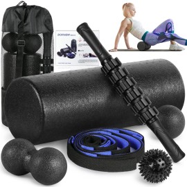 Foam Roller Set - High Density Back Roller, Muscle Roller Stick,2 Foot Fasciitis Ball, Stretching Strap, Peanut Massage Ball For Whole Body Physical Therapy & Exercise, Back Pain, Leg, Deep Tissue