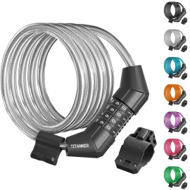 Titanker Bike Lock Cable, 4 Feet Bike Cable Lock Basic Self Coiling Kids Bike Lock Combination With Complimentary Mounting Bracket, 5/16 Inch Diameter (4Ft, White-8Mm)