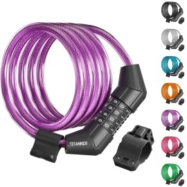 Titanker Bike Lock Cable, 4 Feet Bike Cable Lock Basic Self Coiling Kids Bike Lock Combination With Complimentary Mounting Bracket, 5/16 Inch Diameter (4Ft, Purple-8Mm)