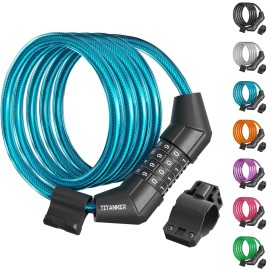 Titanker Bike Lock Cable, 4 Feet Bike Cable Lock Basic Self Coiling Kids Bike Lock Combination With Complimentary Mounting Bracket, 5/16 Inch Diameter (4Ft, Blue-8Mm)