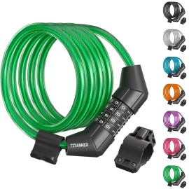 Titanker Bike Lock Cable, 4 Feet Bike Cable Lock Basic Self Coiling Kids Bike Lock Combination With Complimentary Mounting Bracket, 5/16 Inch Diameter (4Ft, Green-8Mm)