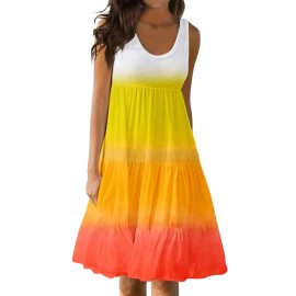 Sundresses For Women Summer Spring Pleated Mini Boho Dresses 2023 Cute Sleeveless Flowy Beach Shift Tshirt Tank Dress
