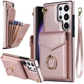 Ninki Compatible Wallet Case For Samsung Galaxy S23 Ultra Case Leather With 4 Card Holder &360Arotation Ring Holder,Wrist Strap Rfid Blocking Case For Samsung S23 Ultra Phone Case For Women Rose Gold