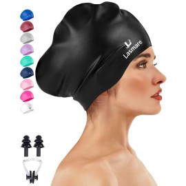 Large Long Hair Swim Cap With Extra Room For Women Men, Silicone Swimming Cap For Long Thick Hair With Ear Plugs Nose Clip Set, Adult Waterproof Swim Hats Bathing Caps To Keep Hair Dry(Black)