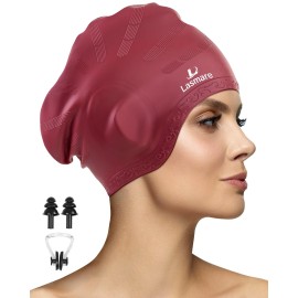 Long Hair Swim Cap For Women Men With 3D Ear Protection, Silicone Swimming Cap For Long/Short Hair To Keep Hair Dry, Waterproof Adult Swim Hats Bathing Caps With Ear Plugs & Nose Clip (Burgundy)