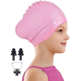 Kids Long Hair Swim Cap For Girls Boys, 3 Size Silicone Swimming Cap For Age 1-15 Toddler Children Teens, Waterproof Swim Hats Bathing Caps With Ear Plugs & Nose Clip To Keep Hair Dry(Age 3-8/Pink)