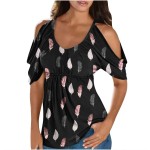 Printed Cold Shoulder Tops For Women Summer Short Sleeve Shirts Sexy Tunic Tops Loose Fit Blouse Casual T Shirt Dressy Tunics