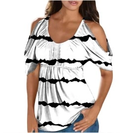 Printed Cold Shoulder Tops For Women Summer Short Sleeve Shirts Sexy Tunic Tops Loose Fit Blouse Casual T Shirt Dressy Tunics