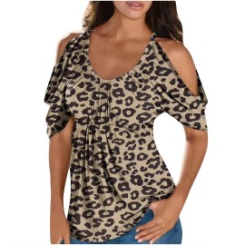 Printed Cold Shoulder Tops For Women Summer Short Sleeve Shirts Sexy Tunic Tops Loose Fit Blouse Casual T Shirt Dressy Tunics