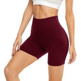 Highdays Womens High Waist Biker Shorts - 5 Tummy Control Stretch Workout Shorts For Yoga Running Athletic Gym, Burgundy, One Size