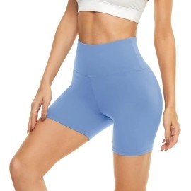 Highdays Womens High Waist Biker Shorts - 5 Tummy Control Stretch Workout Shorts For Yoga Running Athletic Gym, Light Blue, Plus Size