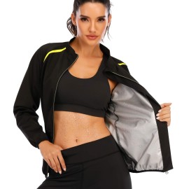 Sexywg Women Sauna Jacket Slimming Sweat Sauna Suit Sauna Shirt Long Sleeve Workout Tops Body Shaper Black