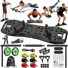 Lalahigh Portable Home Gym System: Large Compact Push Up Board, Pilates Bar & 20 Fitness Accessories With Resistance Bands Ab Roller Wheel - Full Body Workout For Men And Women, Gift Boyfriend (Black)