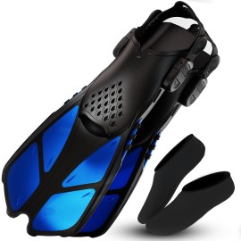Cozia Design Adjustable Swim Fins - Diving Fins, Travel Size Scuba Snorkel Fins For Snorkel Set Adult, Neoprene Water Socks Included With The Swimming Fins For Adults (Blue - Kids)