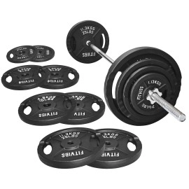 Signature Fitness Cast Iron Standard Weight Plates Including 5Ft Standard Barbell With Star Locks, 95-Pound Set (85 Pounds Plates + 10 Pounds Barbell), Multiple Packages, Style #2