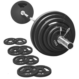 Signature Fitness Cast Iron Olympic 2-Inch Weight Plates Including 7Ft Olympic Barbell, 300-Pound Set (255 Pounds Plates 45 Pounds Barbell), Multiple Packages, Style 7