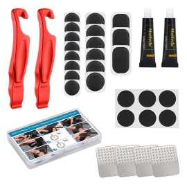 Maifede Bike Tire Repair Kit - With 17 Vulcanizing Patches, 2 Super Bike Tire Levers, 6 Glueless Patches And Portable Storage Box - For Bicycle, Bmx, Motorcycle, And Inflatable Rubber
