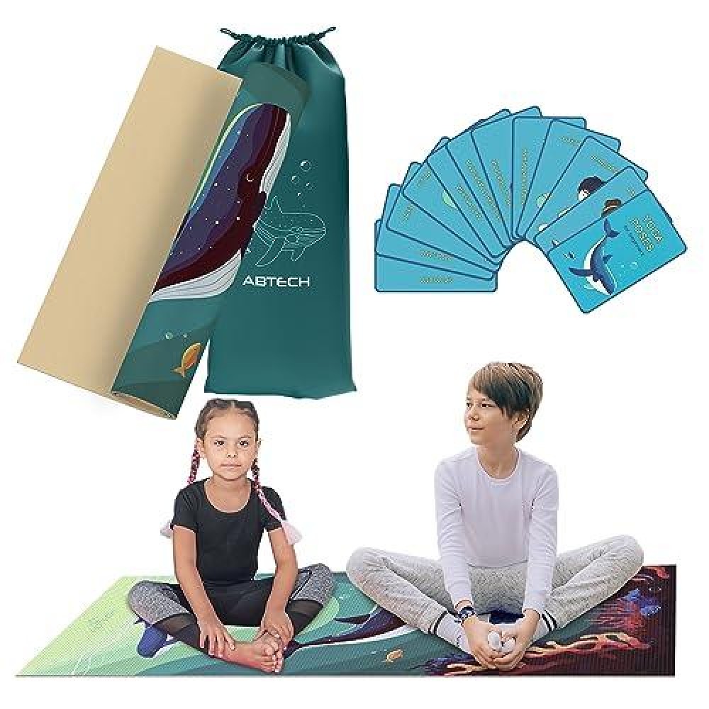 Abtech Yoga Mat For Kids - Under The Sea Design For Girls & Boys - Comfortable, Chemical Free, Non-Toxic, Non-Slip Mat - 60 X 24 X 0.2 In. W/ 12 Yoga Cards For Kids - Cute Carrier Bag - Teal, Age 3-12