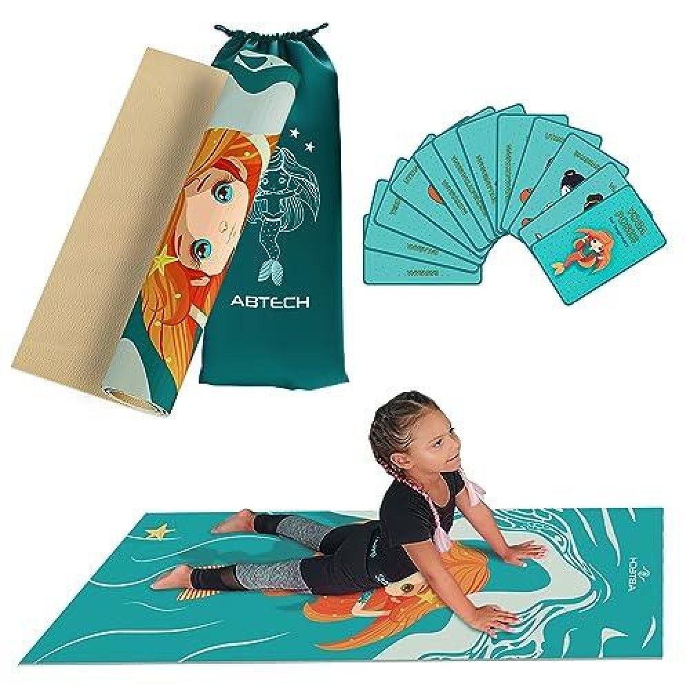 Abtech Yoga Mat For Kids - Mermaid Design For Girls - Comfortable, Chemical Free, Non-Toxic, Non-Slip Mat - 60 X 24 X 0.2 In. W/ 12 Yoga Cards For Kids - Cute Carrier Bag - Blue, Age 3-12