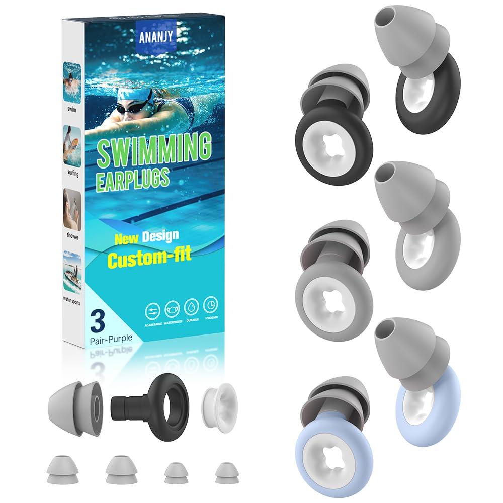 Waterproof Swimming Ear Plugs For Adults - 3 Pairs Of Reusable Soft Silicone Swim Earplugs,Perfect For Surfing, Diving,Pool,Showering And Other Water Sports - Keep Water Out And Ear Protection