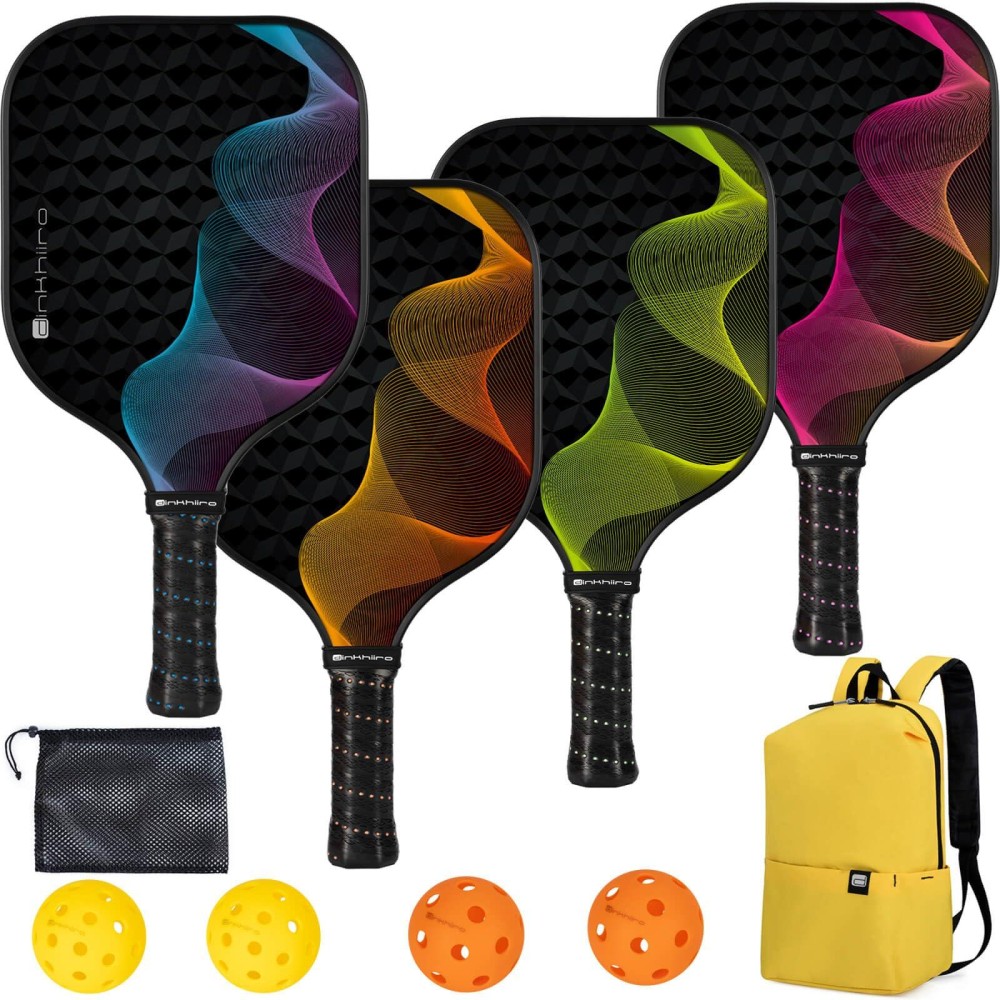 Pickleball-Paddle-Set Of 4 With Balls, Ball Bag And Backpack, Lightweight Pickleball Racquets With Accessories For Adults, Kids Dinkhiiro Composite Pickleball Equipment And Accessories