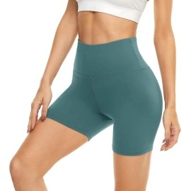 Highdays Womens High Waist Biker Shorts - 5 Tummy Control Stretch Workout Shorts For Yoga Running Athletic Gym, Green, One Size