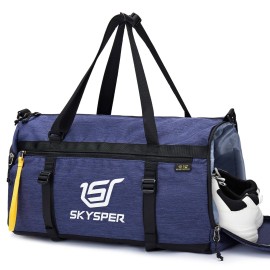 Skysper Sports Bag Small Gym Duffel Bag For Men Women With Wet Compartment & Shoe Compartment,Carry On Travel Duffel Bag Overnight For Weekend Swimming Training Yoga Darkblue