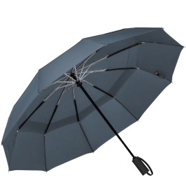 Lanbrella Umbrella Travel Umbrella, Compact Folding Vented Double Canopy Umbrella Auto Open Close 10 Rib - E2.5 Light Grey
